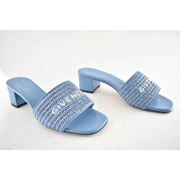 Givenchy 4G Denim Blue Raffia Logo Leather Slide On Mule Block Heel Sandal 37 - Picture 4 of 15